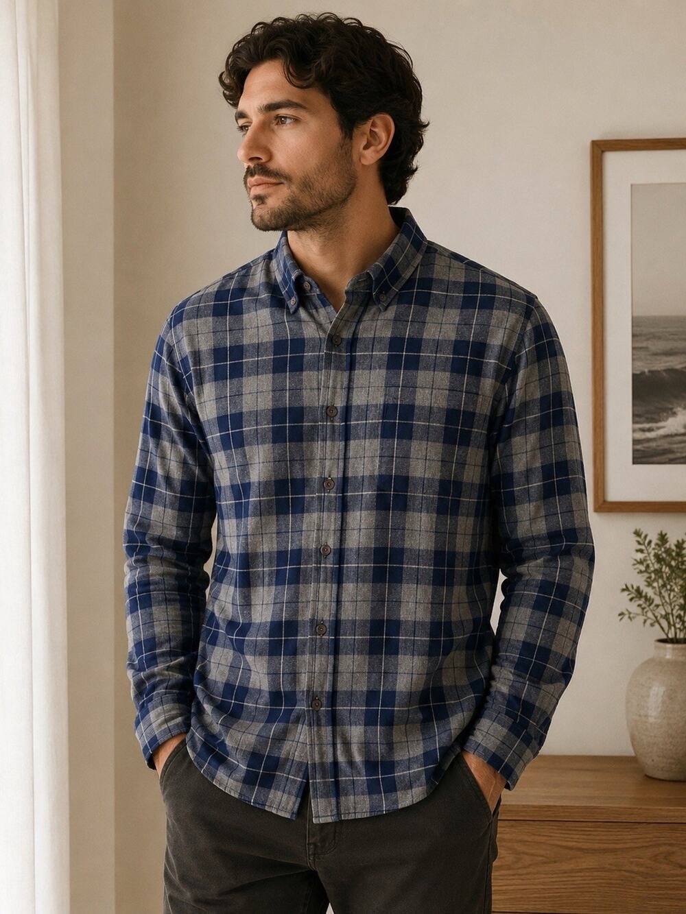 Cotton & Co Mens Blue Gray Plaid Button Down Shirt XL Long Sleeve Cotton Casual